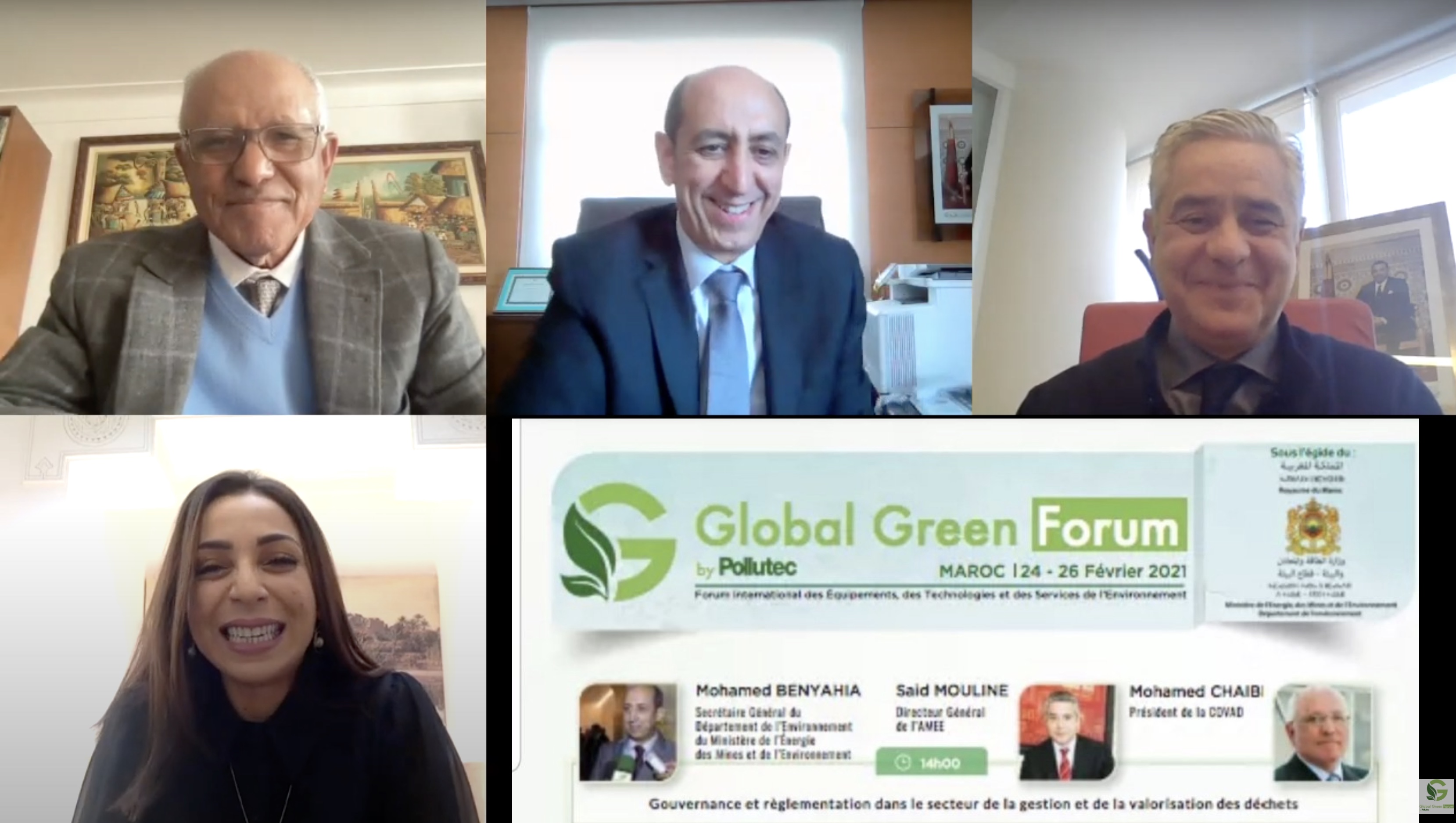 L’AMEE a participé le 25 Février 2021 à « Global Green Forum » ,un événement 100% digital . Des débats et des échanges en temps réel afin de souligner et mettre en exergue toutes les conditions de réussite à vocation d’accompagner la stratégie du Royaume dans sa mission de préserver et protéger durablement l’environnement afin de garantir un espace de vie saint pour les générations actuelles et à venir. Ce Forum a été l’occasion de débattre autour des thématiques et des enjeux de l’économie circulaire dans 