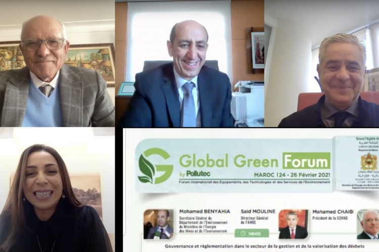 L’AMEE a participé le 25 Février 2021 à « Global Green Forum » ,un événement 100% digital . Des débats et des échanges en temps réel afin de souligner et mettre en exergue toutes les conditions de réussite à vocation d’accompagner la stratégie du Royaume dans sa mission de préserver et protéger durablement l’environnement afin de garantir un espace de vie saint pour les générations actuelles et à venir. Ce Forum a été l’occasion de débattre autour des thématiques et des enjeux de l’économie circulaire dans 