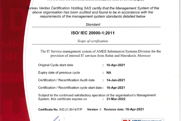 certifié ISO/IEC 20000-1 :2011 « Système de gestion des services IT »